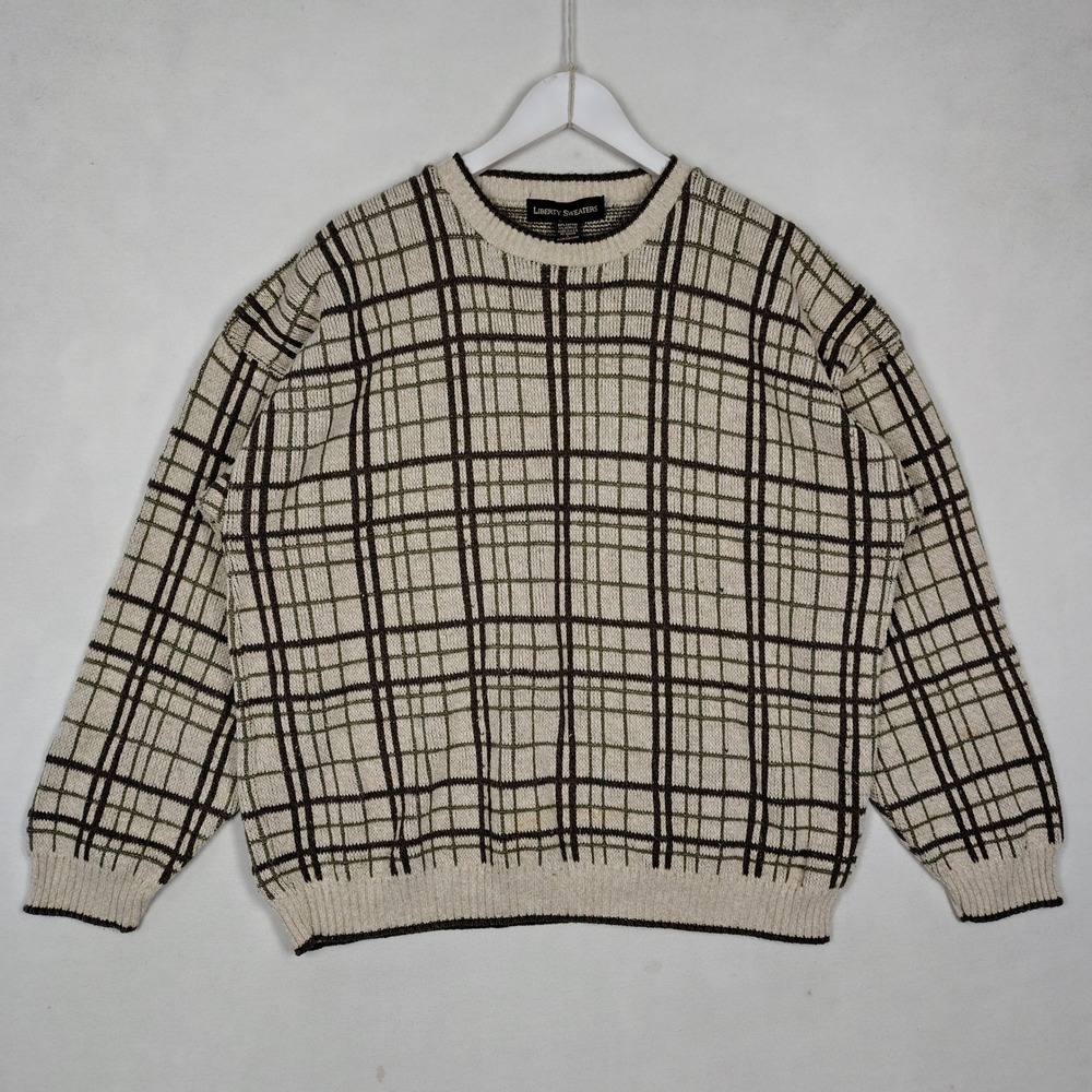 Vintage Liberty Sweaters Mens Large Plaid Crewneck Knit Made in USA Brown Green